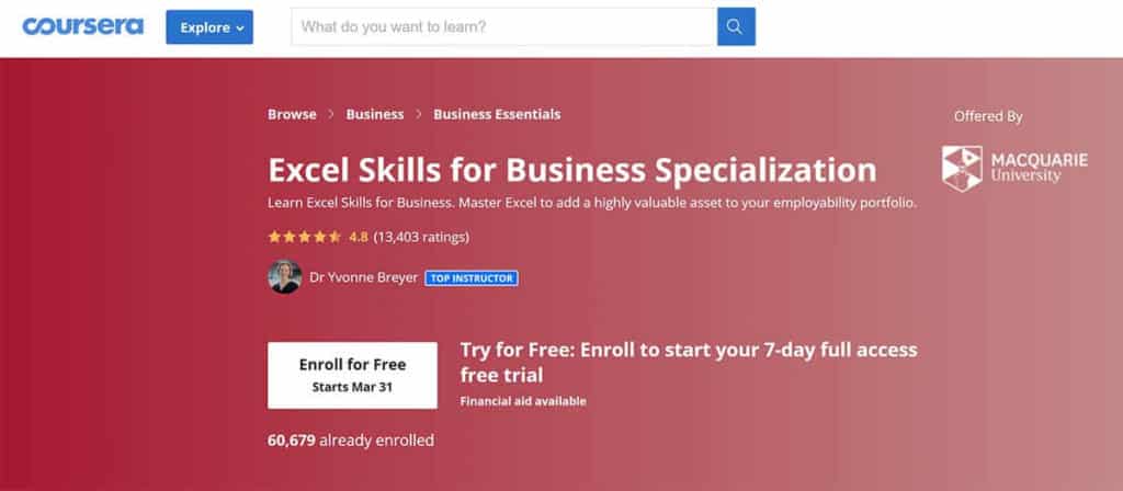 Best Certification Course: Excel Skills for Business Specialization (Coursera)