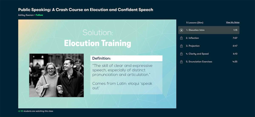 Best for Elocution: Public Speaking: A Crash Course on Elocution and Confident Speech (Skillshare)