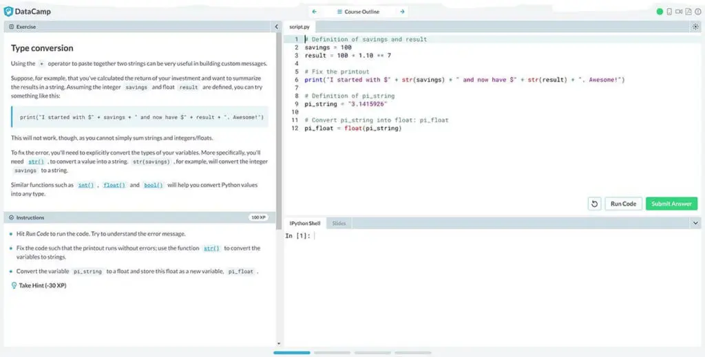Practicing Python Coding on Datacamp