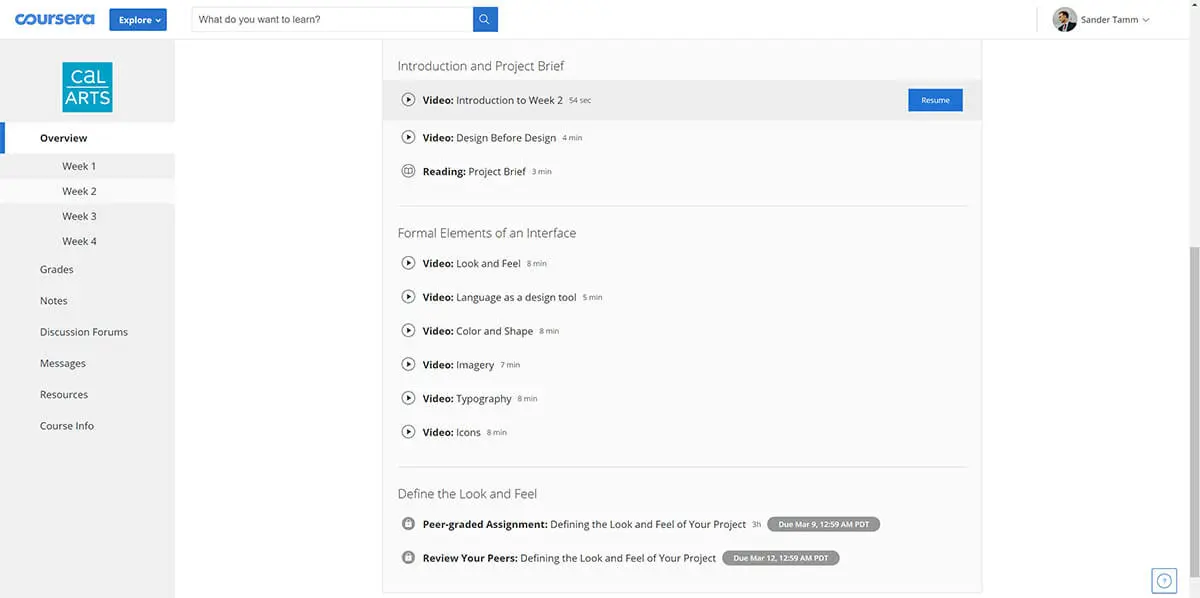 This is how a largely video-based weekly course unit looks like on Coursera
