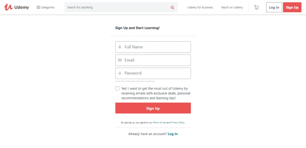 Udemy account sign-up form