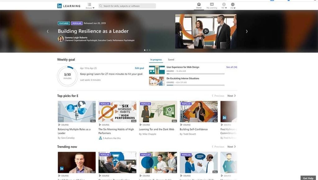 Homepage of LinkedIn Learning