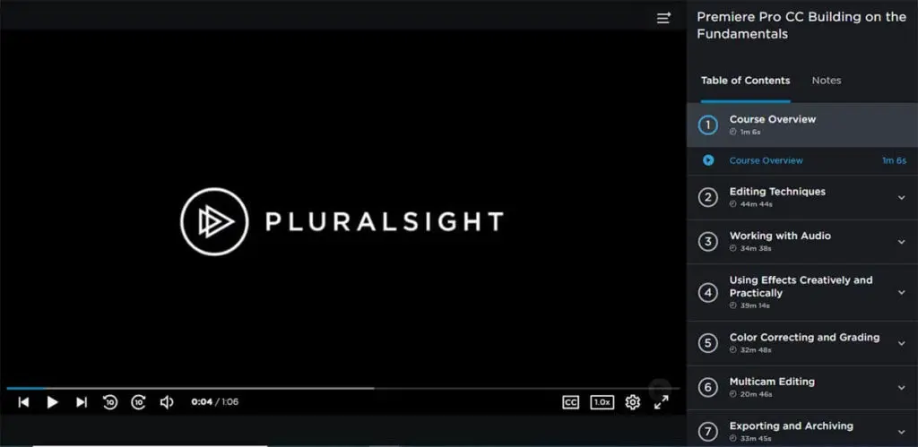 Pluralsight video course player with the course table of contents