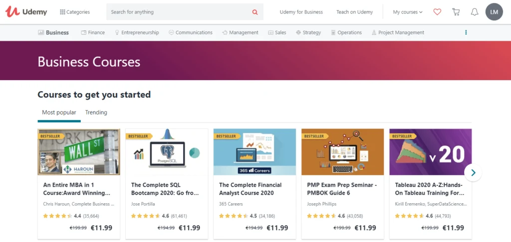 Business category course listings on Udemy