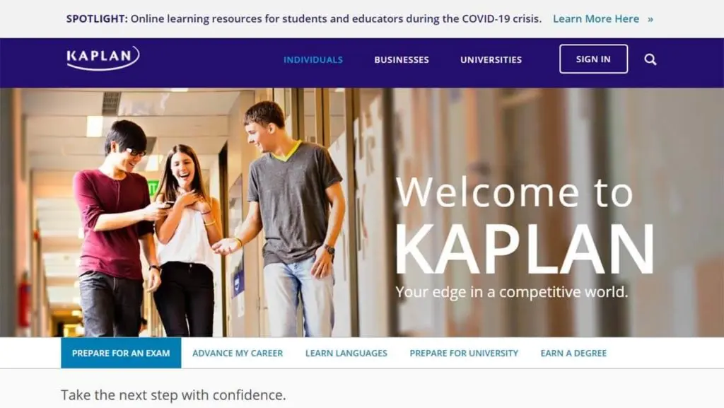The Kaplan test-prep homepage