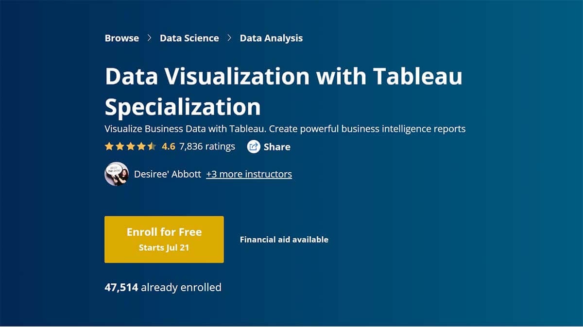 Best Overall: Data Visualization with Tableau Specialization (Coursera)