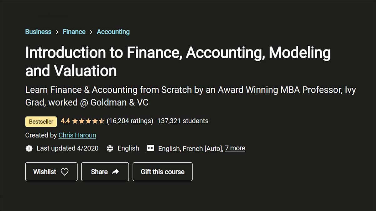 Engaging Accounting Course: Introduction to Finance, Accounting, Modeling, and Valuation (Udemy)