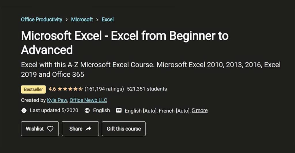 Best for Excel: Microsoft Excel – Excel from Beginner to Advanced (Udemy)