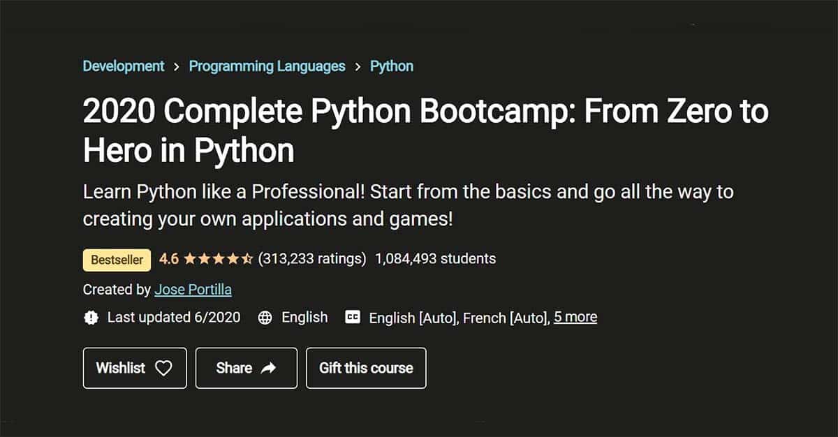Best Overall: 2020 Complete Python Bootcamp: From Zero to Hero In Python (Udemy)
