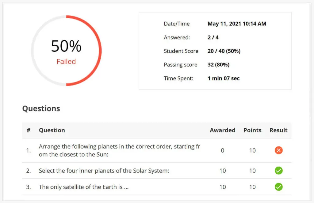 iSpring QuizMaker score report