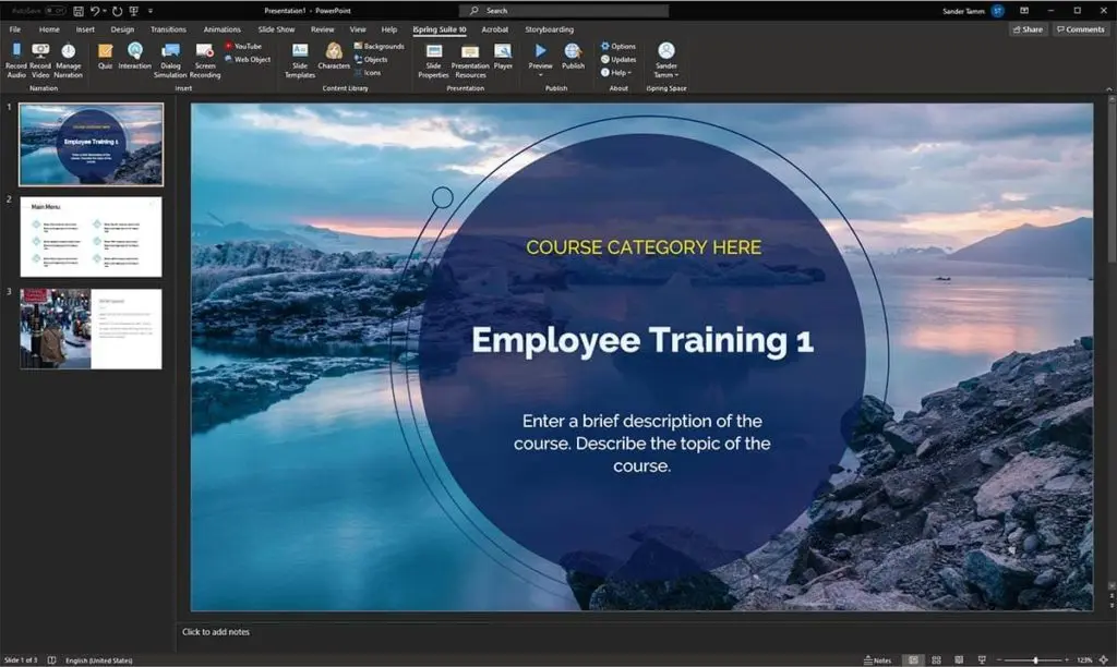 The iSpring Suite toolbar inside PowerPoint