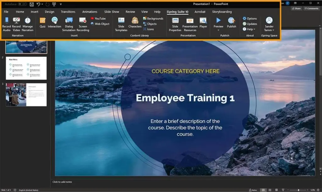 iSpring Suite's PowerPoint toolbar