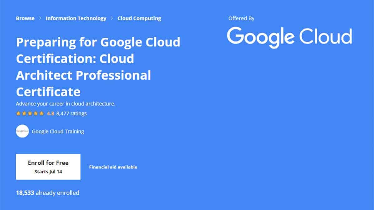 Best for Google Cloud: Preparing for Google Cloud Certification: Cloud Architect Professional Certificate (Coursera)