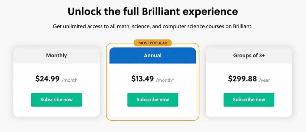 The three pricing plans of Brilliant.org in 2023