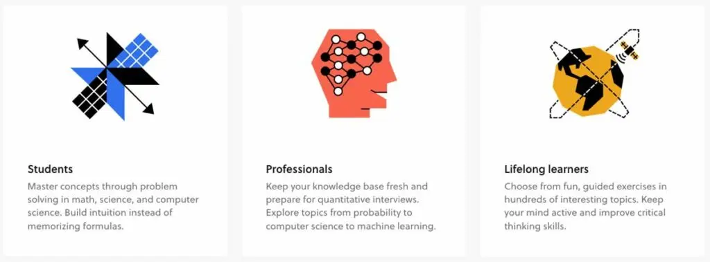 The three main target audiences of Brilliant.org: Students, professionals, and lifelong learners.