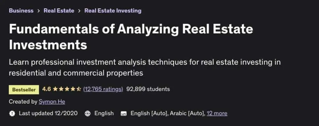 Screenshot of the course page for Fundamentals of Analyzing Real Estate Investments