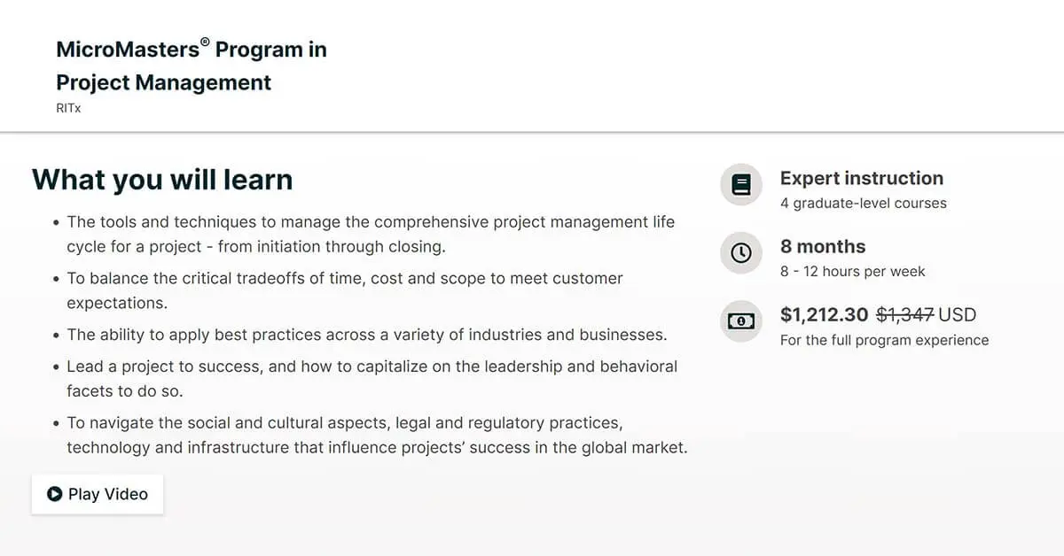 3. RITx MicroMasters Program in Project Management (Rochester Institute of Technology)