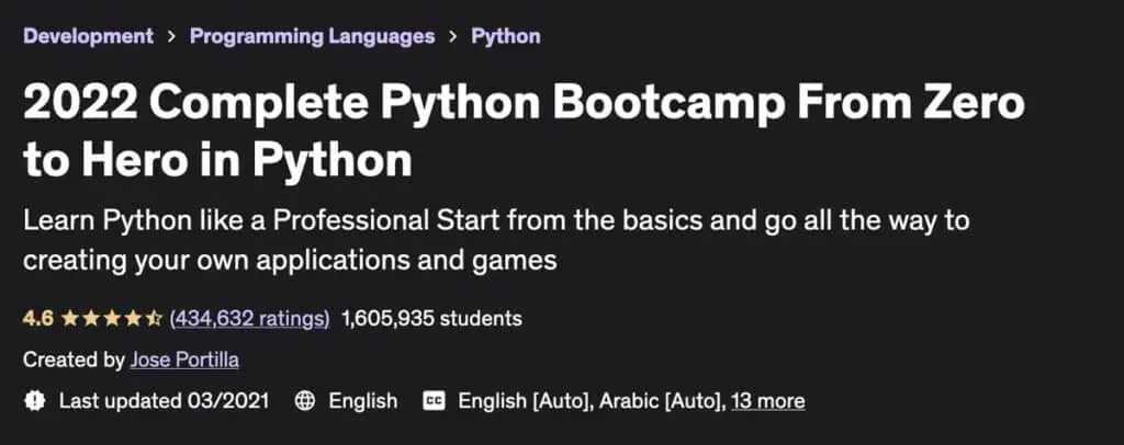 Best Python Programming Course: Complete Python Bootcamp (Udemy)