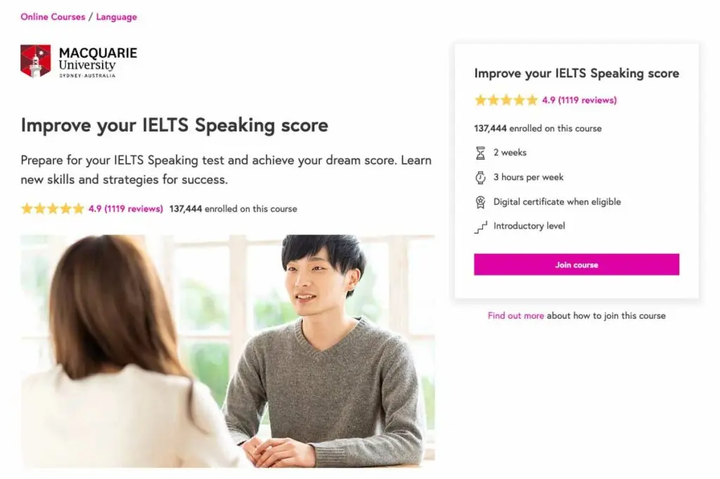 Screenshot of the course page for the FutureLearn and Macquarie University course "Improve your IELTS Speaking Score"