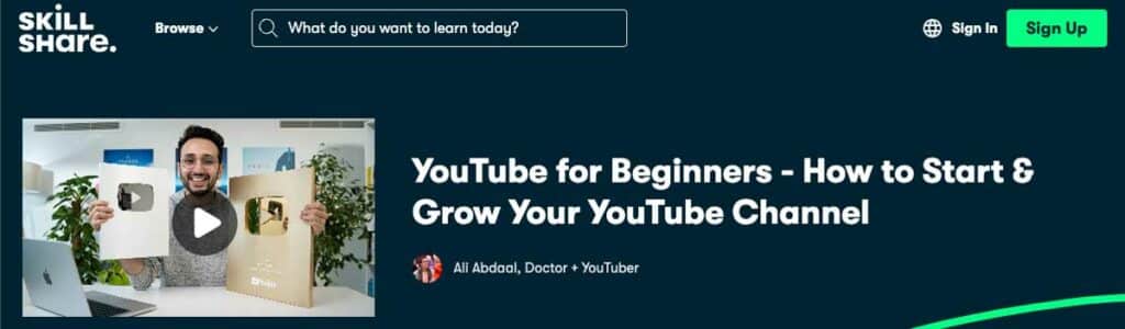 Screenshot of the Skillshare course page for YouTube for Beginners