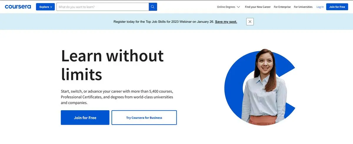 A screenshot of Coursera's homepage