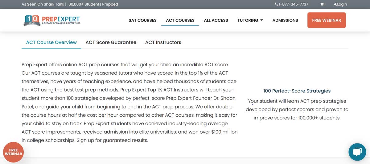 Screenshot of the Prep Expert ACT page