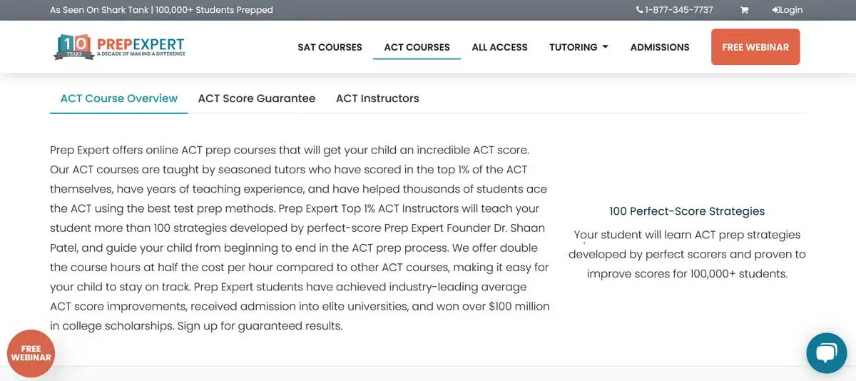 Screenshot of the Prep Expert ACT page