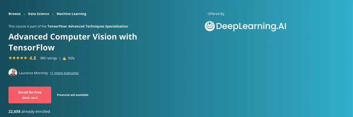 Screenshot of course page for Coursera course Advanced Computer Vision with TensorFlow