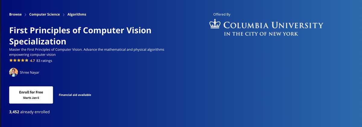 Screenshot of the course page for Coursera Specialization - Columbia University - First Principles of Computer Vision Specialization