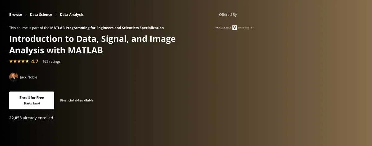 Screenshot of course page of Coursera course Introduction to Data, Signal, and Image Analysis with MATLAB