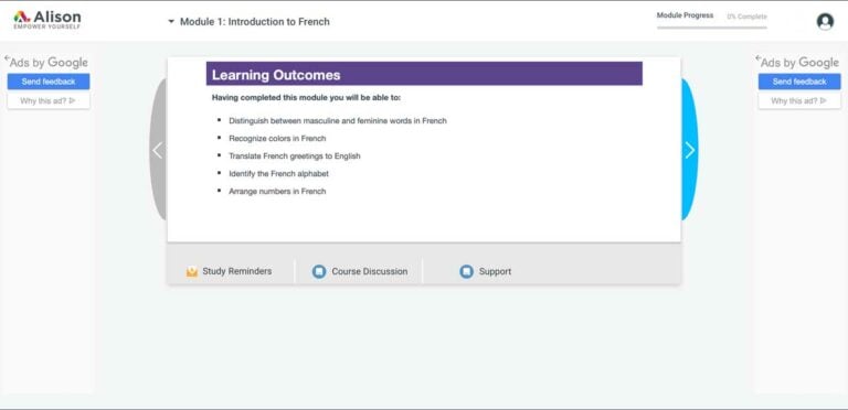 Screenshot of Alison's French courses