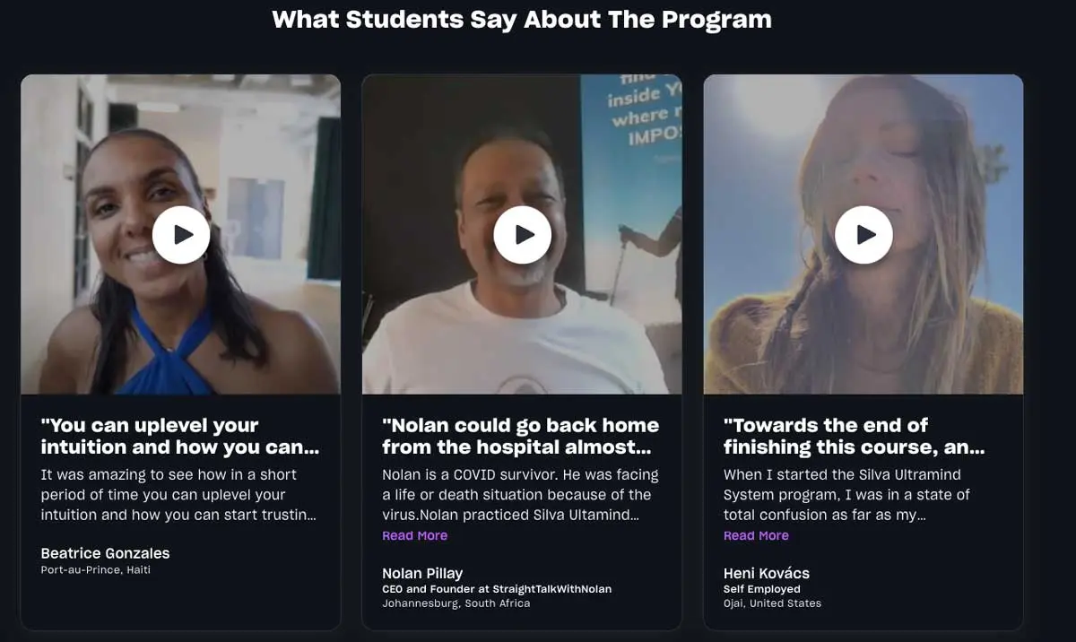 Student testimonials for the Mindvalley Silva Ultramind System course