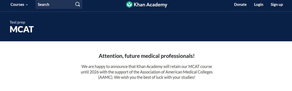 Screenshot of the Khan Academy MCAT test prep homepage