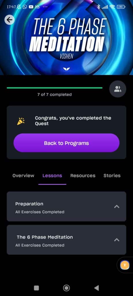 The Mindvalley app interface for The 6 Phase Meditation quest