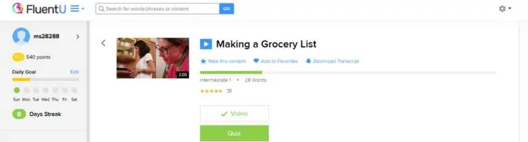 The dashboard in FluentU Spanish