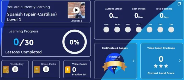 The Pimsleur Spanish dashboard