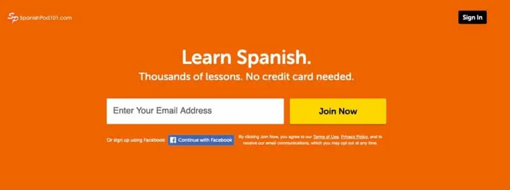 Screenshot of the SpanishPod101 homepage