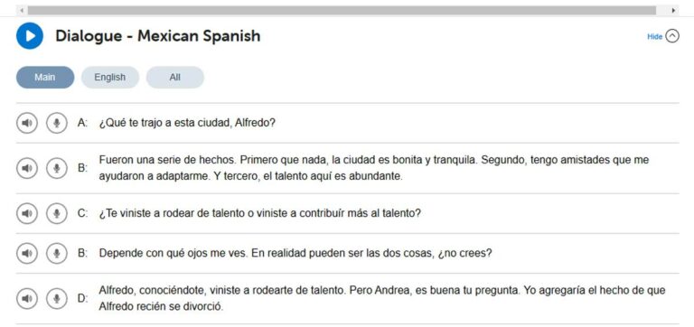 Example of speaking practice dialogue in SpanishPod101