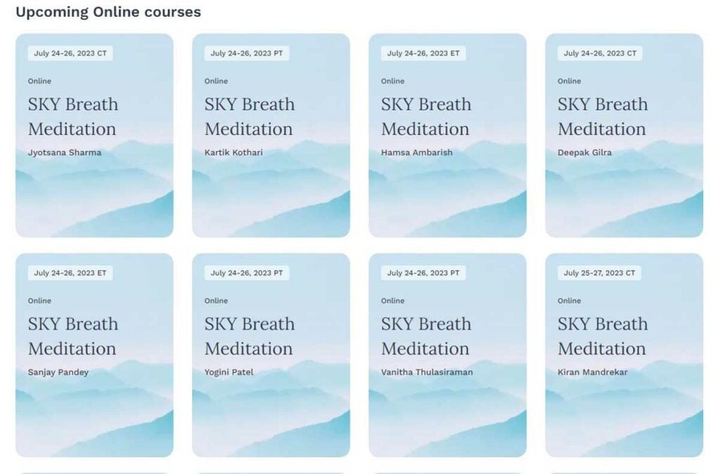 Calendar for the SKY Breath Meditation course by Art of Living