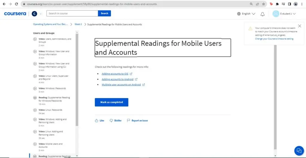 Example of recommended resources in a course module