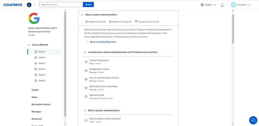 Structure of a course in the Google IT Support Professional Certificate