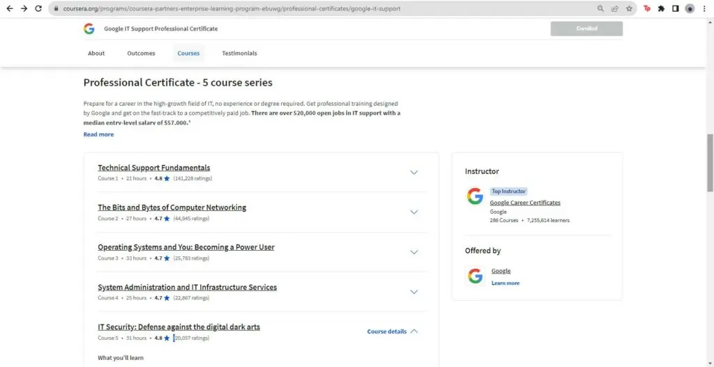 The component courses of the Google IT Support Professional Certificate
