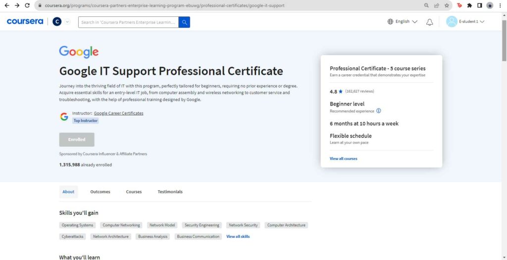 Website of the Google IT Support Professional Certificate on Coursera