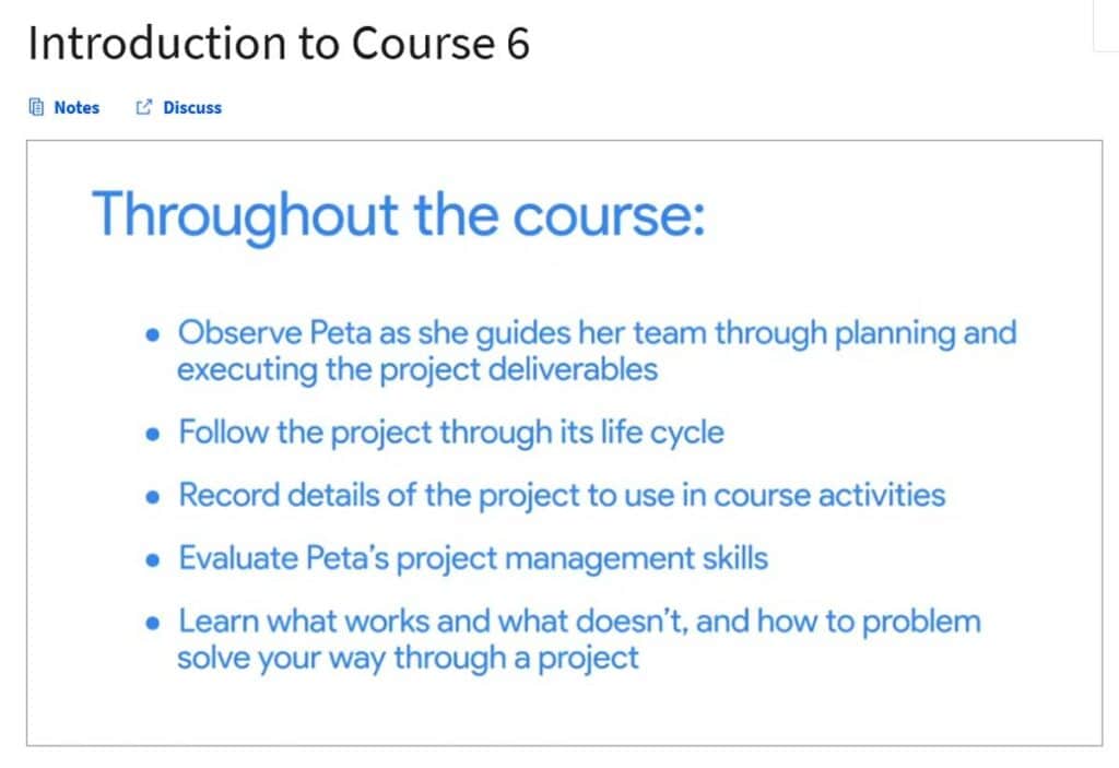 Slide from course 6 of the Google Project Management Professional Certificate on Coursera