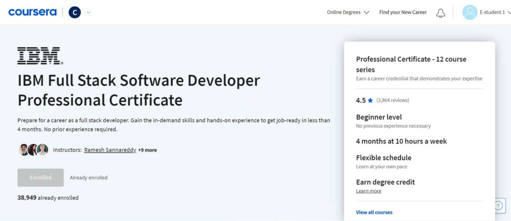 Website of the IBM Full Stack Software Developer Professional Certificate on Coursera