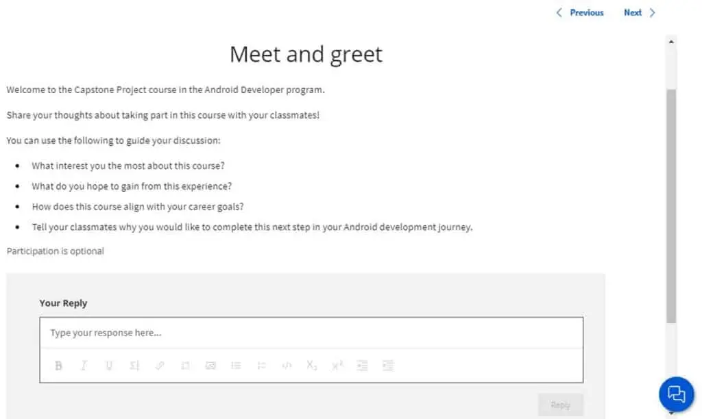 Example community exercise from the Meta Android Developer Professional Certificate on Coursera