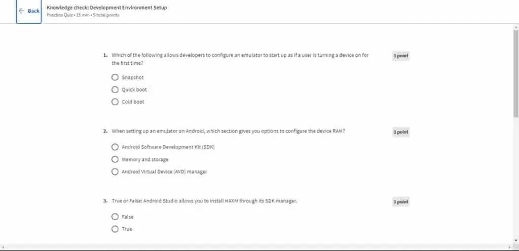 Example quiz from the Meta Android Developer Professional Certificate on Coursera
