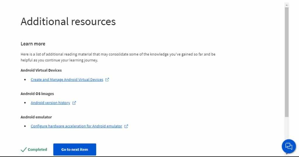 Example resources list from the Meta Android Developer Professional Certificate on Coursera