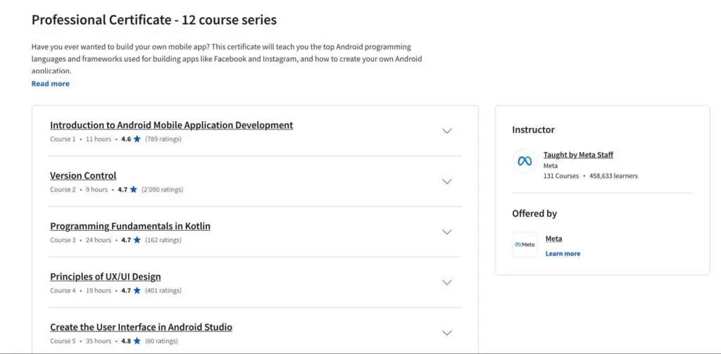 Course list for the Meta Android Developer Professional Certificate