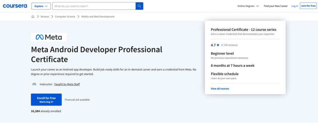 The front page of the Meta Android Developer Professional Certificate on Coursera
